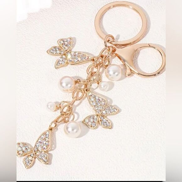 BAG CHARM Crystal Triple Butterfly Pearls Keychain - Picture 2 of 4